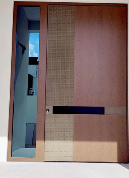 Wood-finish pivot doors are listed in the catalogue.