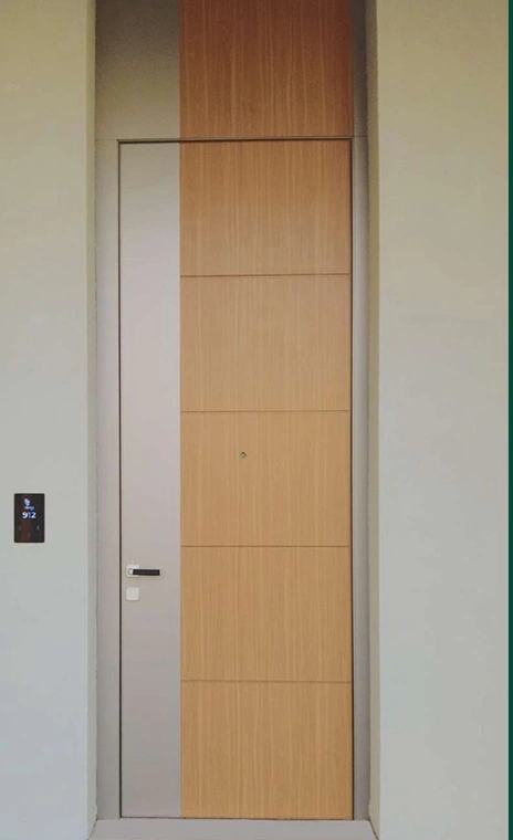 A light wood-tone door set within a contrasting pale surround, with a tall aligned upper panel.